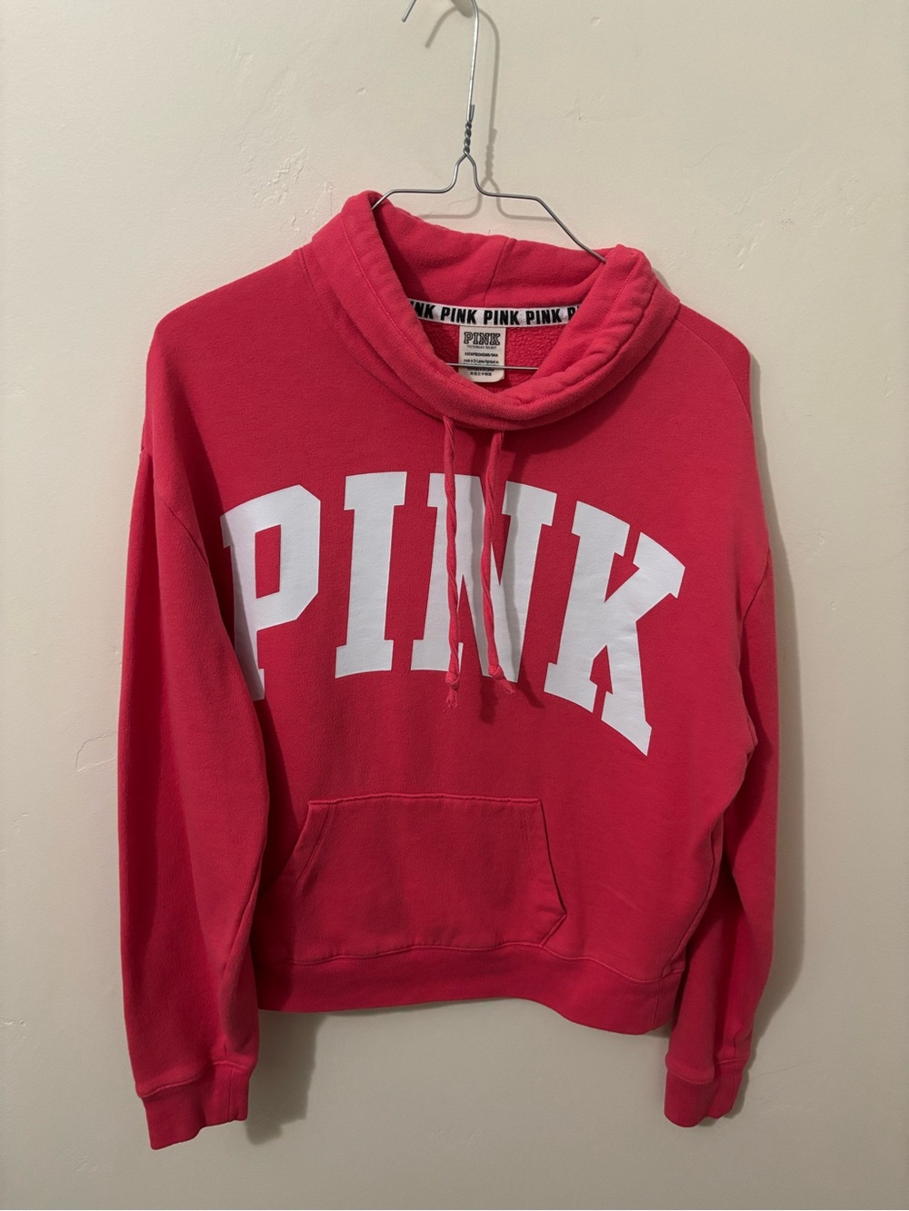 PINK Victoria's Secret Cropped Funnel Neck Sweatshirt - Hot Pink with White Logo